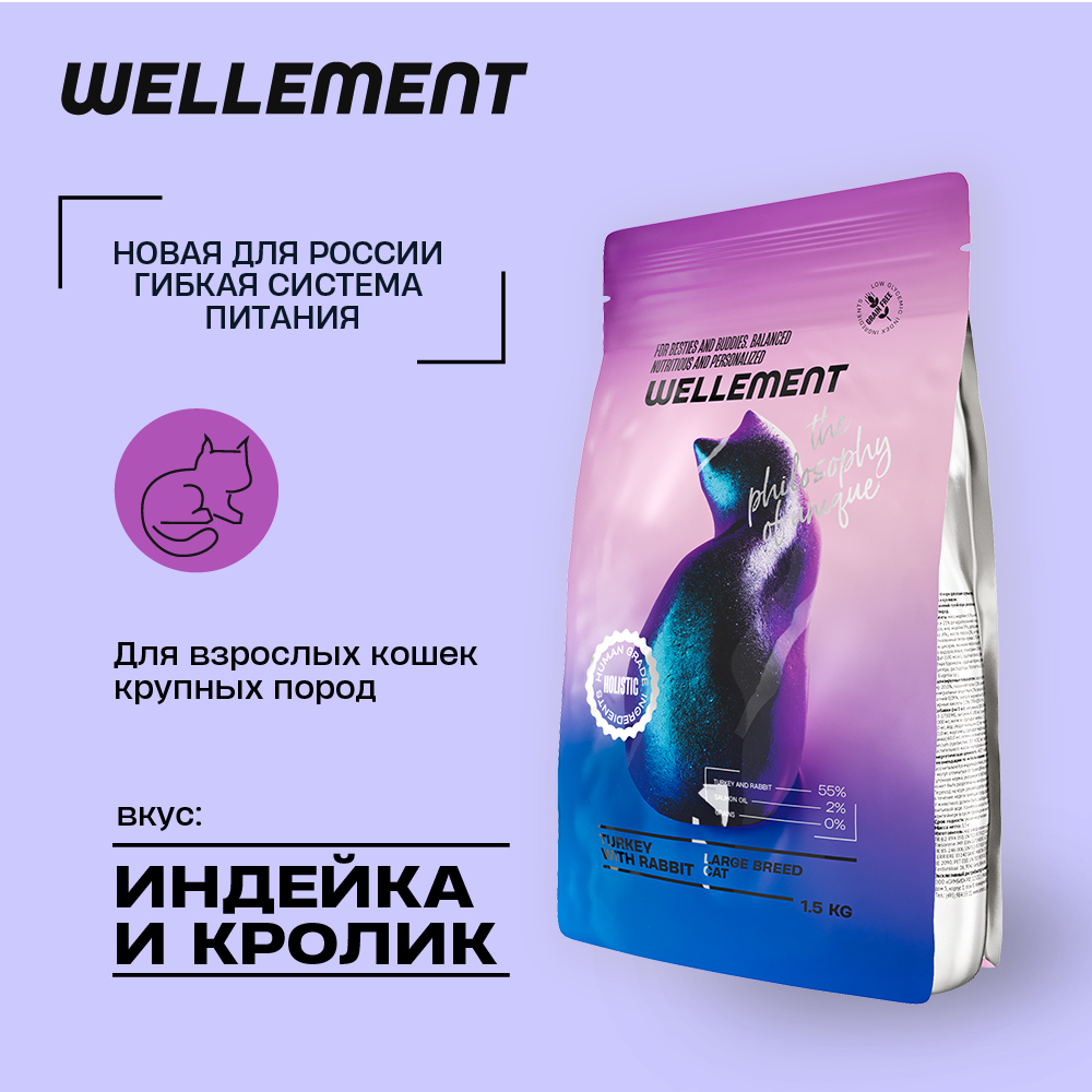 Сухой корм для кошек Wellemen, для крупных пород, с индейкой и кроликом, 1,5 кг