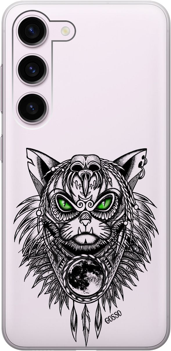 

Силиконовый чехол на Samsung Galaxy S23 с 3D принтом "Shaman Cat" прозрачный, Прозрачный;черный, 158303