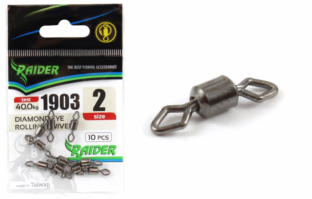 

Вертлюг для рыбалки RAIDER DIAMOND EYE ROLLING SWIVELS (уп.10шт) №2 (test 40.0кг)