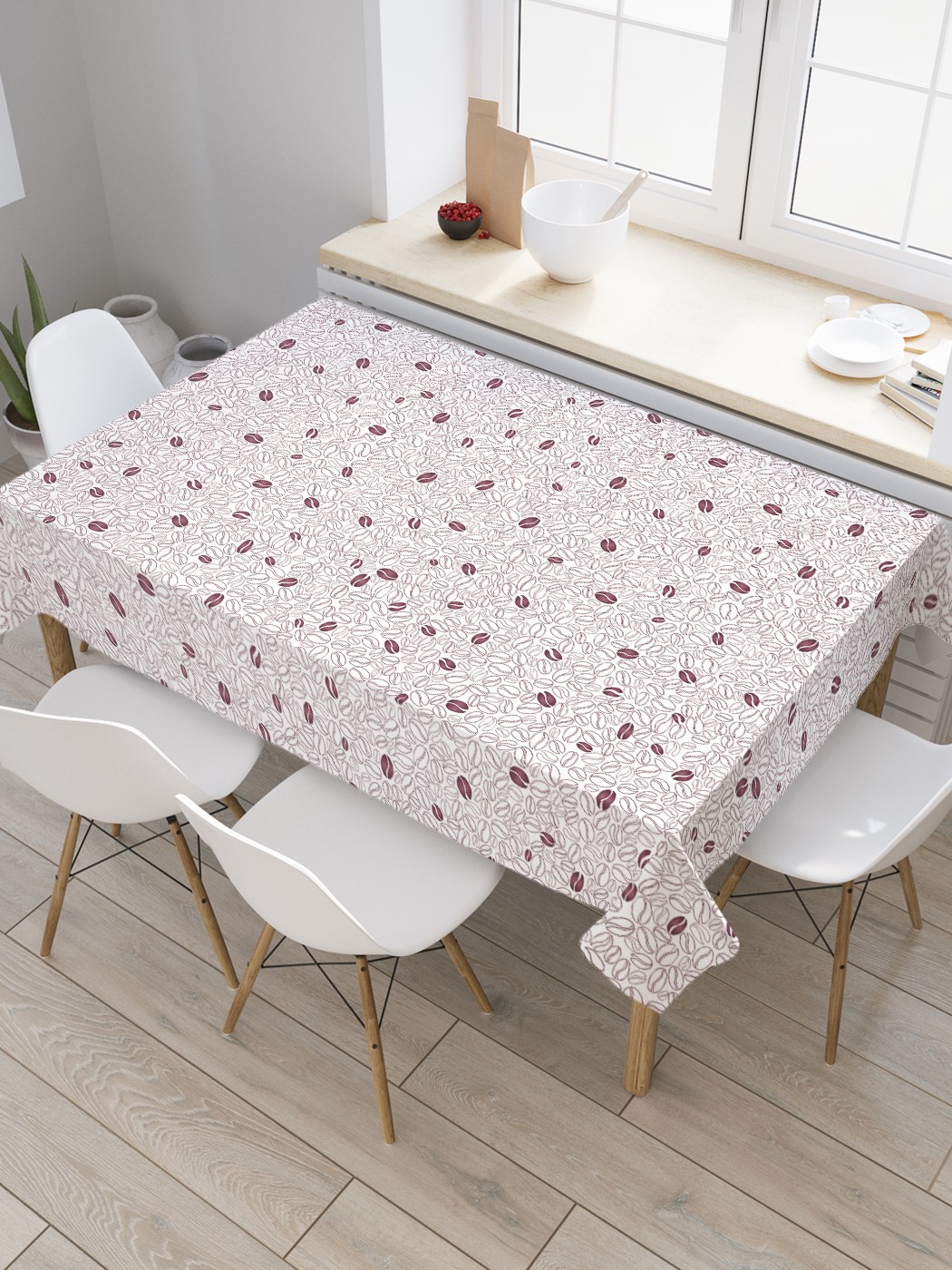 

Скатерть прямоугольная JoyArty "Абрис зерен кофе" из сатена, 180x145 см, Белый, Абрис зерен кофе