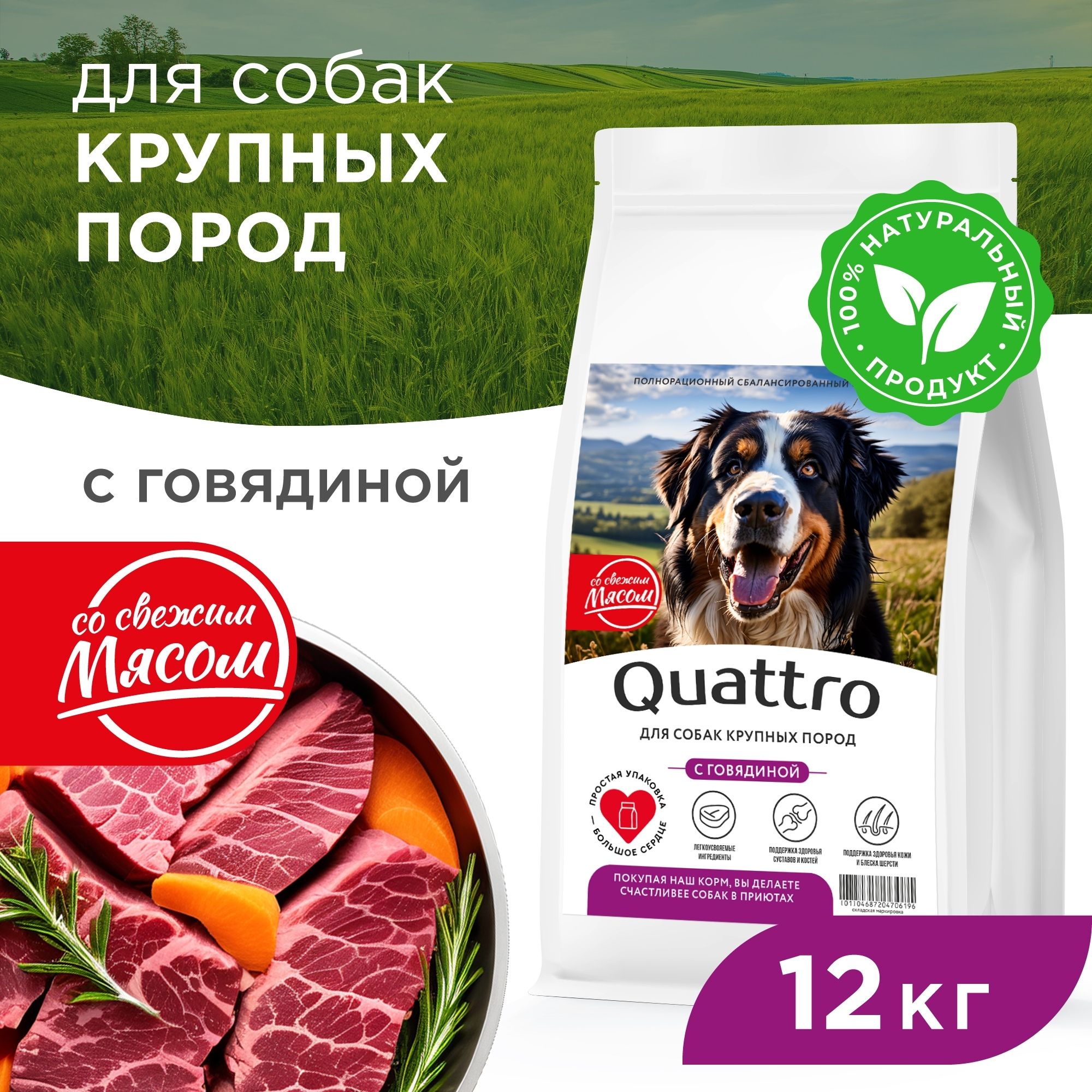 

Сухой корм для собак QUATTRO, для крупных пород, говядина, 12 кг