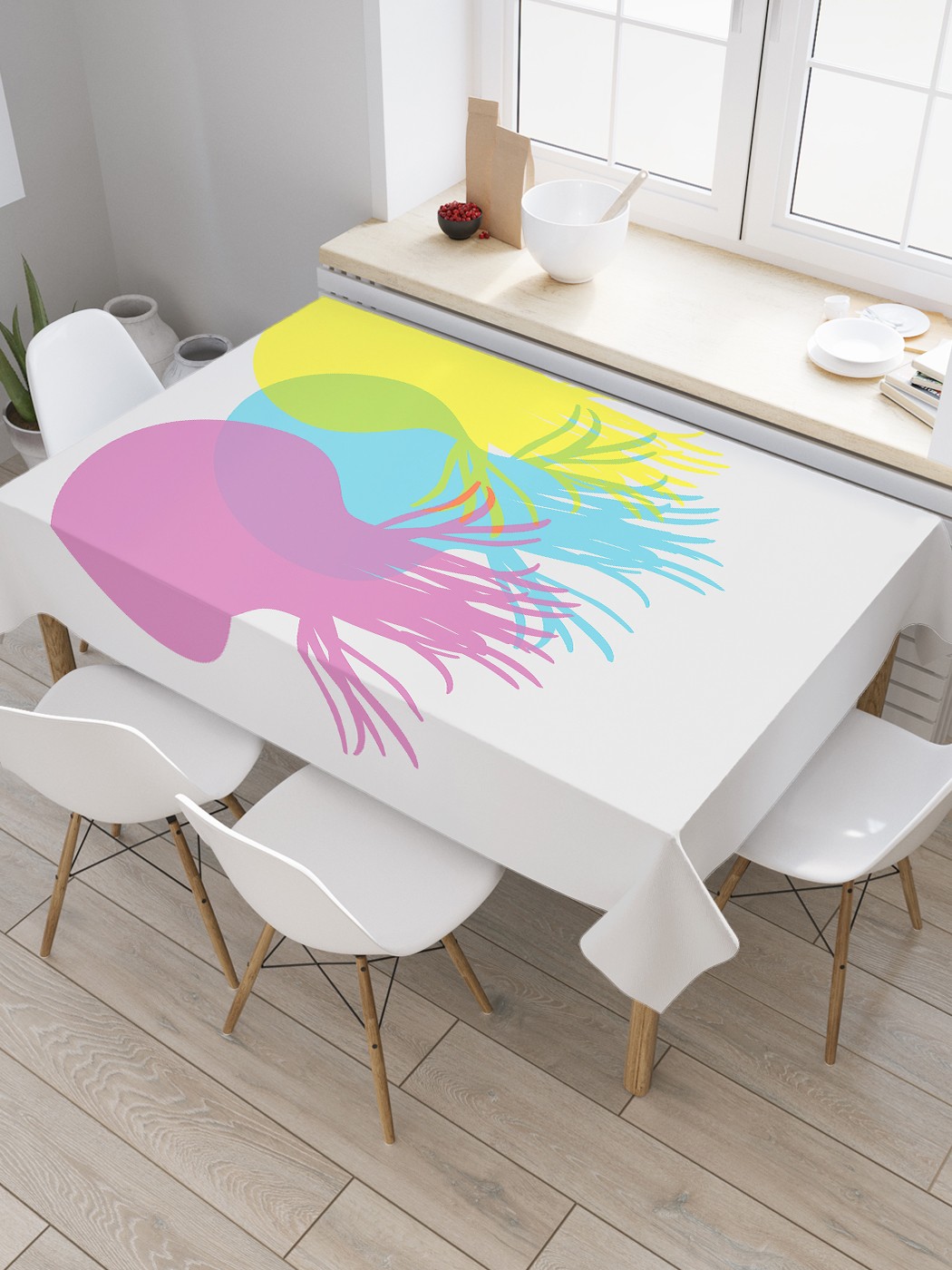 

Скатерть прямоугольная JoyArty "Цветные медузы" из сатена, 180x145 см, Белый, Цветные медузы