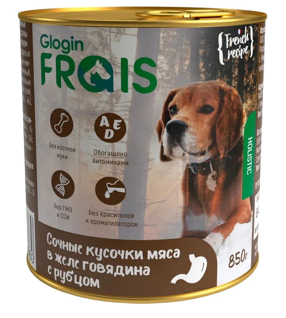 фото Корм frais holistic dog для собак, мясные кусочки с говядиной и рубцом в желе, 850 г