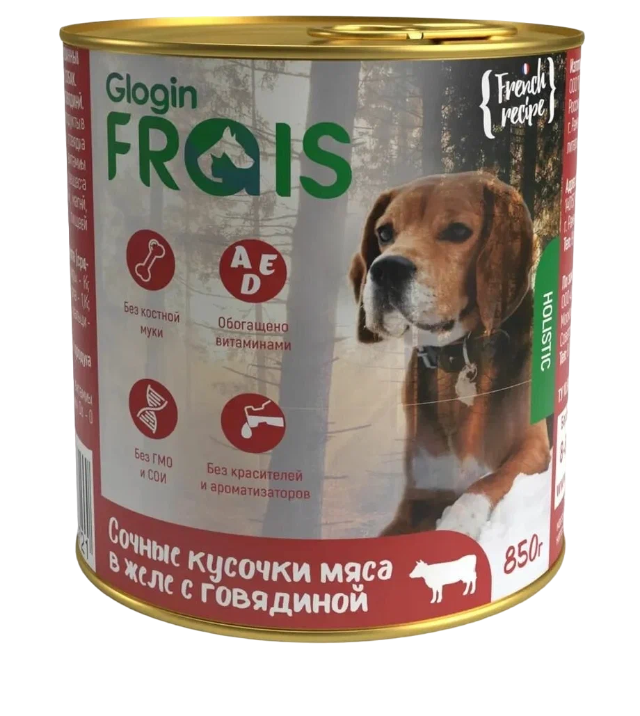 фото Корм frais holistic dog консервы для собак, мясные кусочки с говядиной в желе, 850 г
