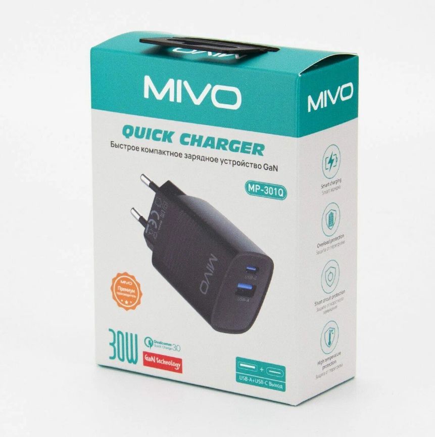 Сетевое зарядное устройство Mivo MP-301Q/ USB+ Type-C, 30 Вт GaN, 16343