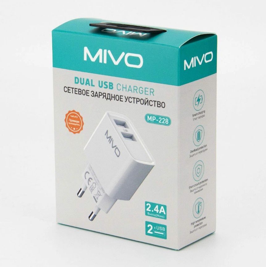 Сетевое зарядное устройство Mivo MP-228/ 2 USB-порта, 5 В/ 2.4 А, 16346