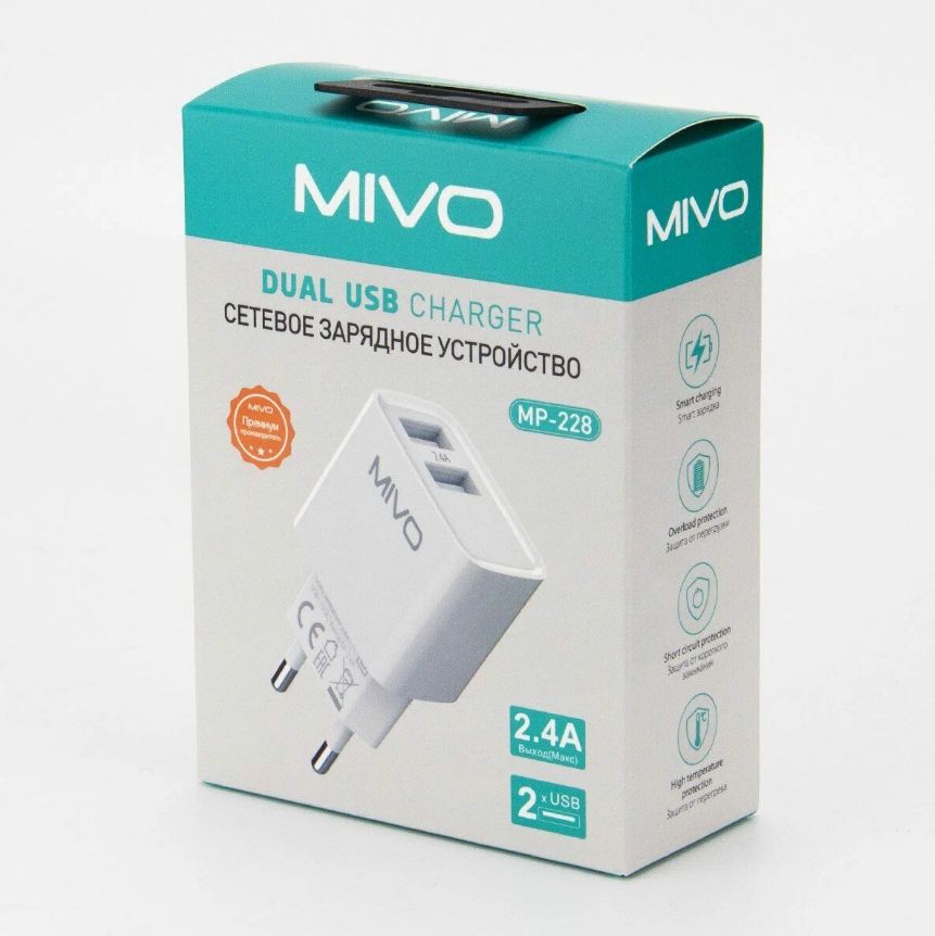 

Сетевое зарядное устройство Mivo MP-228/ 2 USB-порта, 5 В/ 2.4 А, 16346, MP-228
