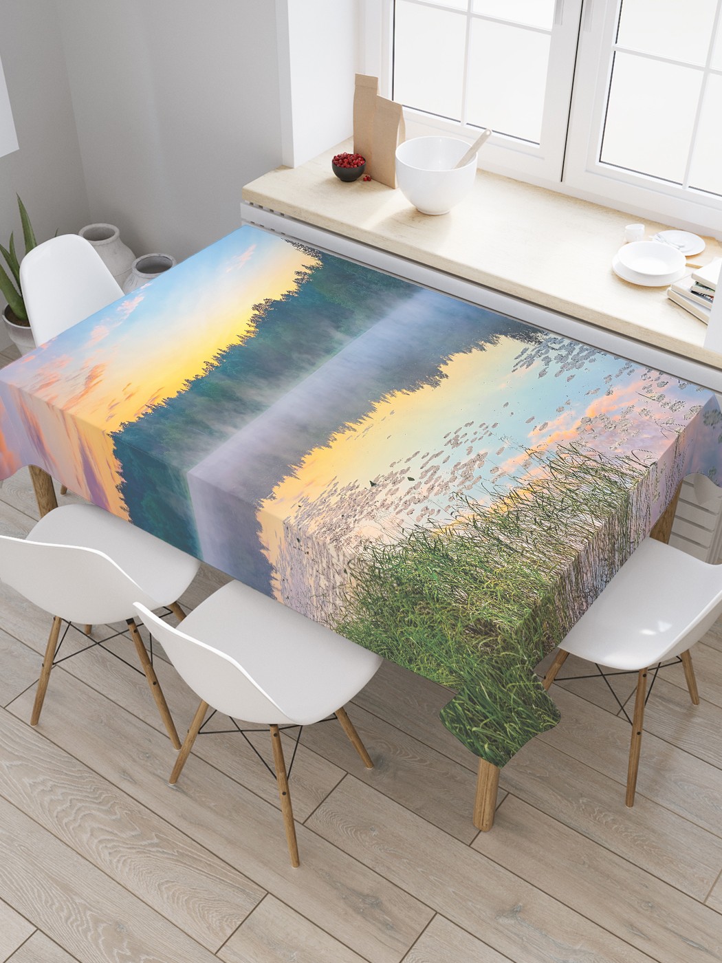 

Скатерть прямоугольная JoyArty "Отражение заката" из сатена, 180x145 см, Голубой, Отражение заката