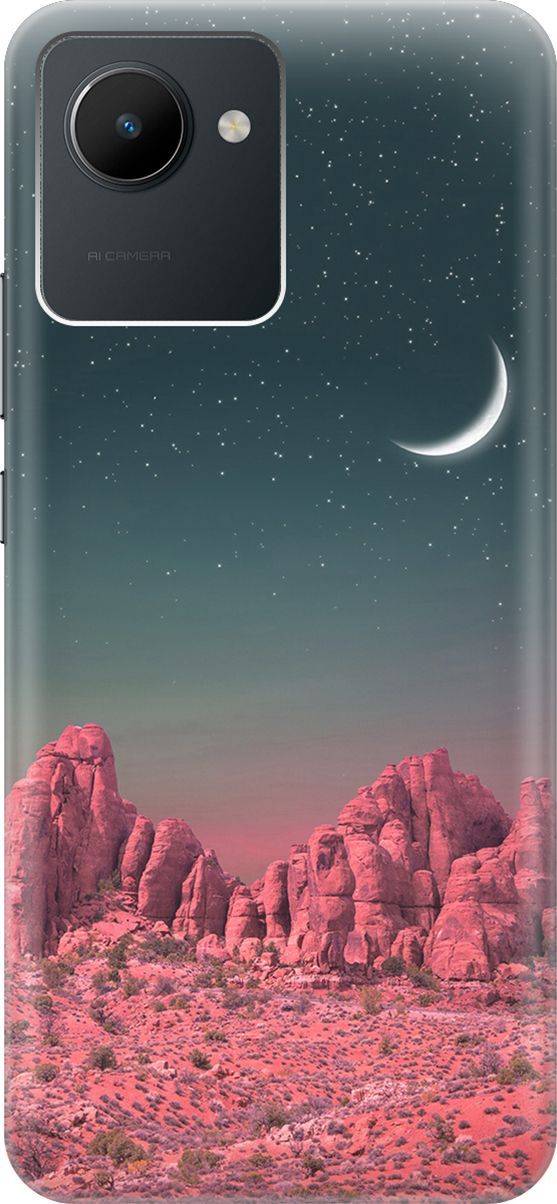 

Силиконовый чехол на realme C30 с принтом "Месяц над розовыми горами", Розовый;черный, 1566100