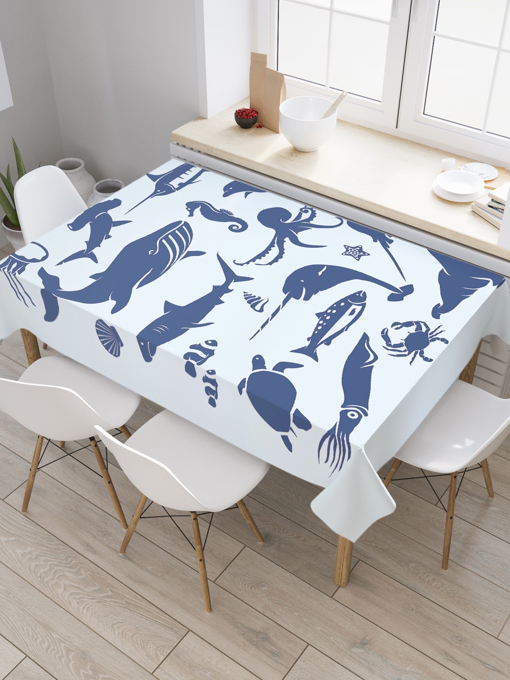 

Скатерть прямоугольная JoyArty "Жители океана" из сатена, 180x145 см, Голубой, Жители океана