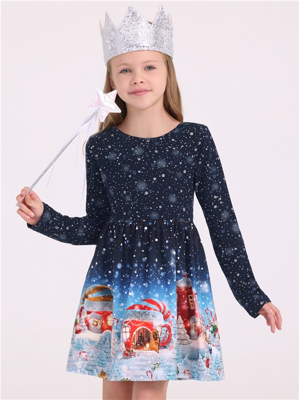 Платье детское Апрель 1ДПД4287804нгя, звездное небо на темно-синем+домик гнома, 98