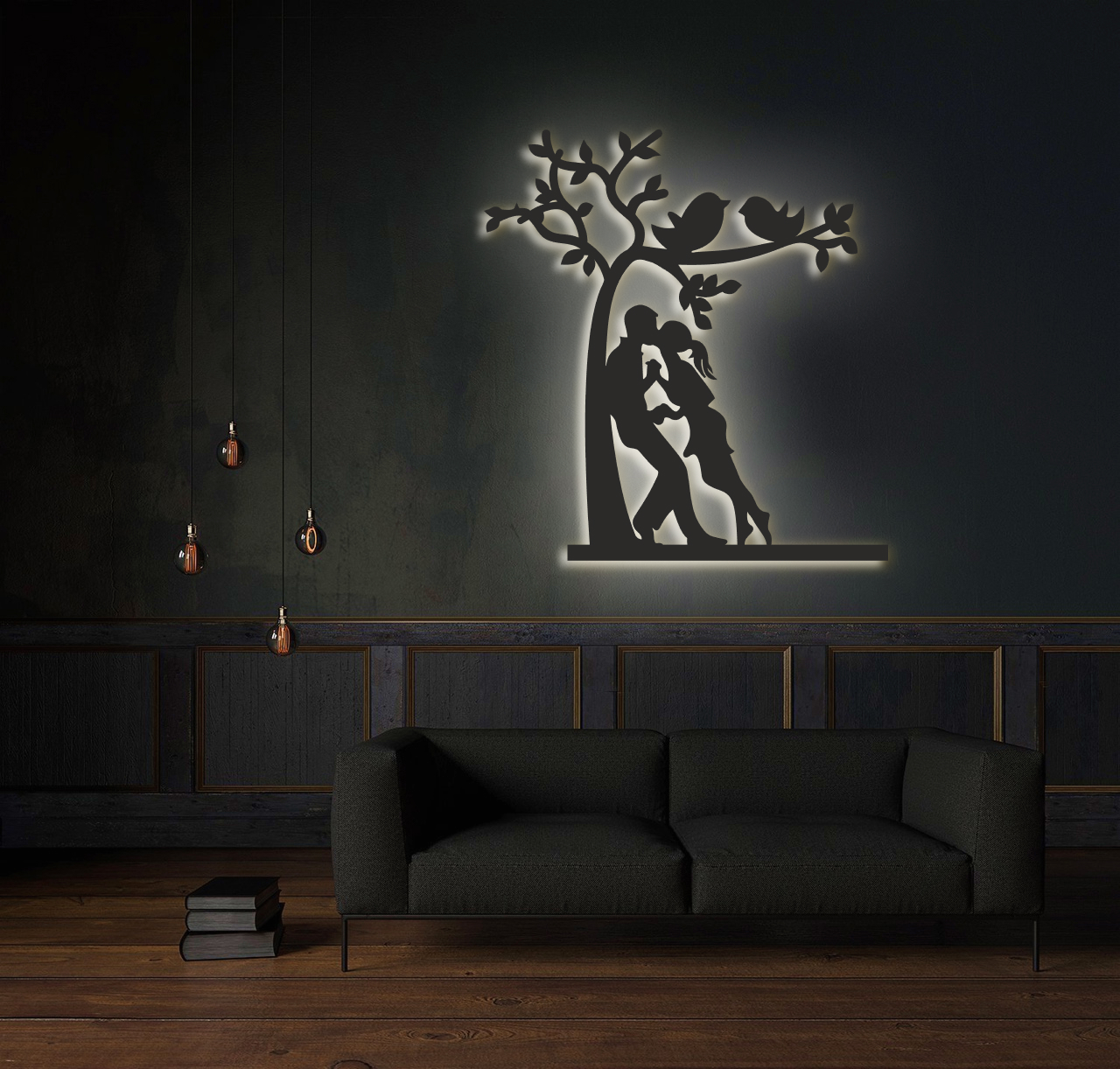 фото Декоративное панно на стену с белой подсветкой, moretti пара у дерева 60х64