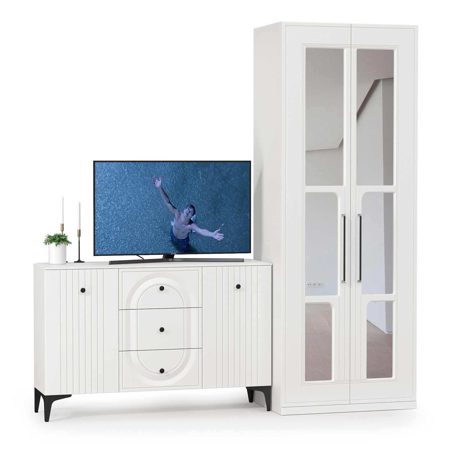 

Шкаф с комодом Mobi Валенсия, белый шагрень, 217х54х225,3 см, 13.309+13.329