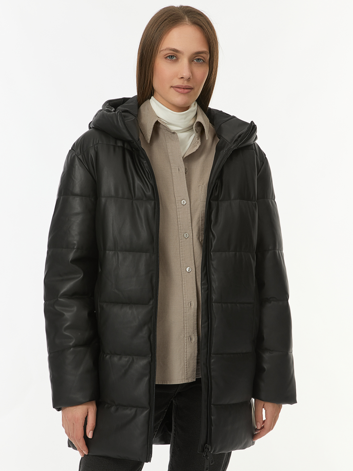 

Кожаная куртка женская oodji 18R03027 черная 34/170, Черный, 18R03027