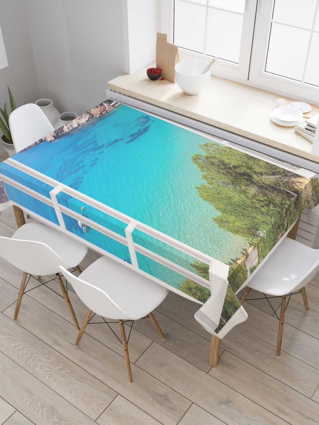 

Скатерть прямоугольная JoyArty "Окно над морем" из сатена, 120x145 см, Голубой, Окно над морем