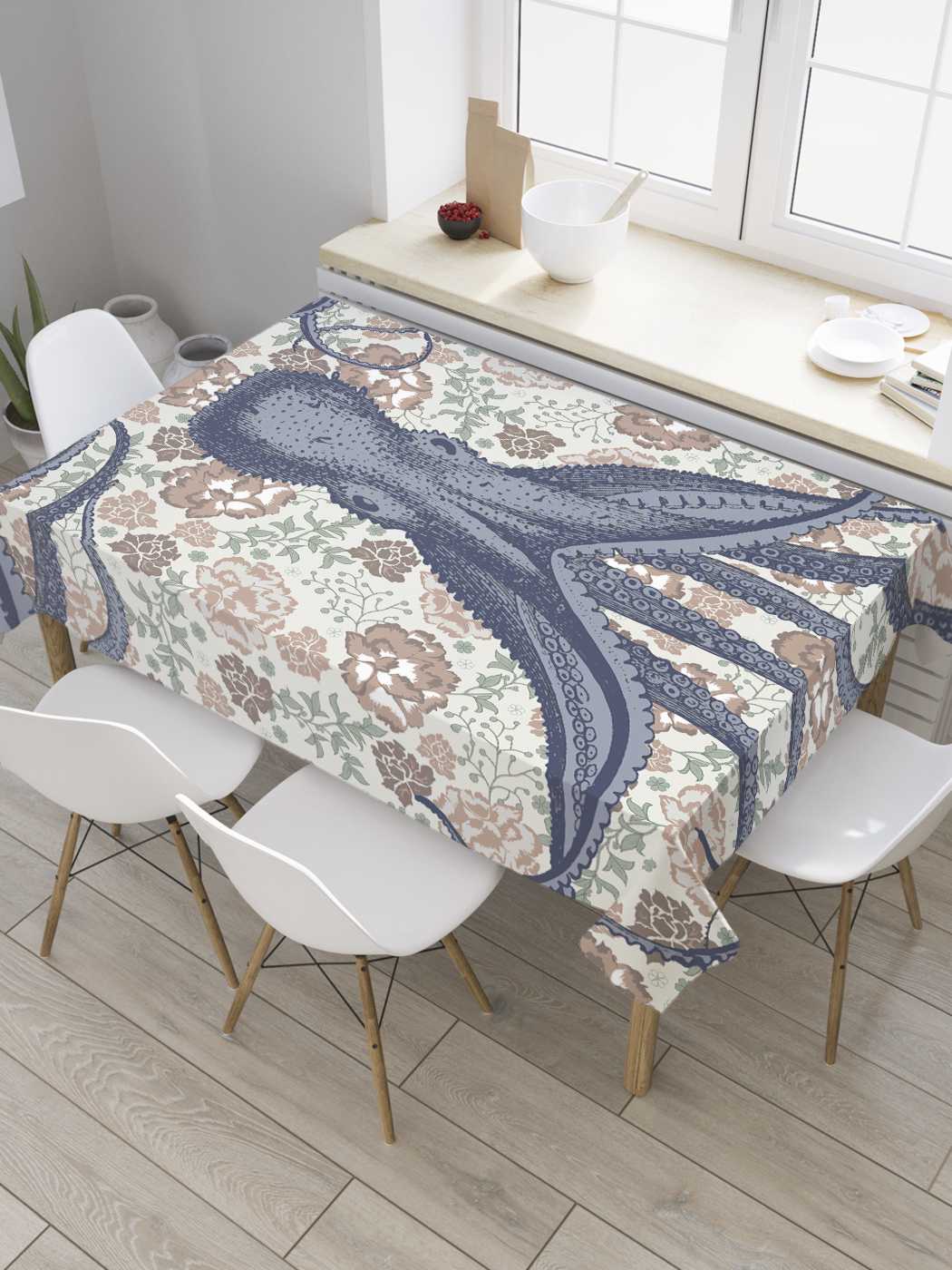 

Скатерть прямоугольная JoyArty "Цветочные осьминожки" из сатена, 120x145 см, Голубой, Цветочные осьминожки