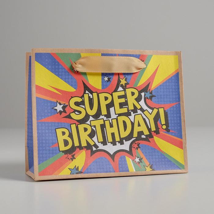 

Пакет крафтовый горизонтальный «Super birthday», S 15 х 12 х 5,5 см, Разноцветный, Коллекция упаковки "С днем рождения!"