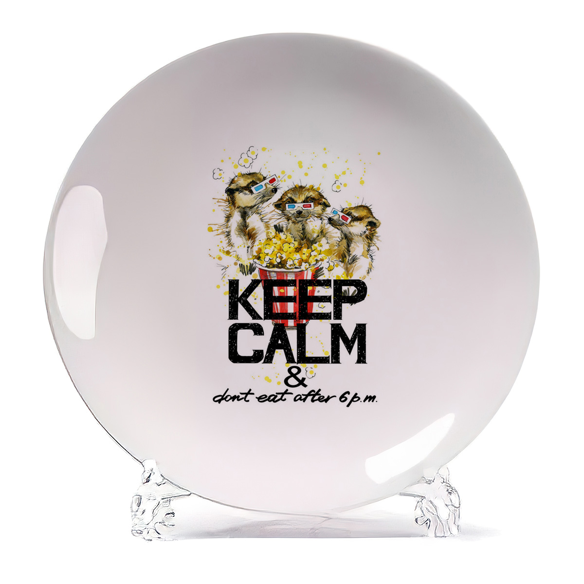 

Тарелка CoolPodarok Краски Keep calm and dont eat after 6 pm Сурикаты и попкорн, Краски Keep calm and dont eat after 6 pm Сурикаты и попкорн