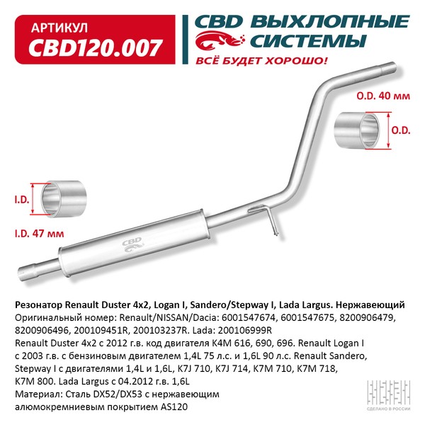 

Резонатор Duster, Logan, Largus Нерж. CBD120.007 CBD CBD120007