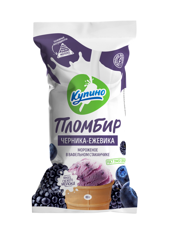 

Мороженое Купино пломбир с пюре ежевики и черничным наполнителем в ваф. ст. 12%, 80 г
