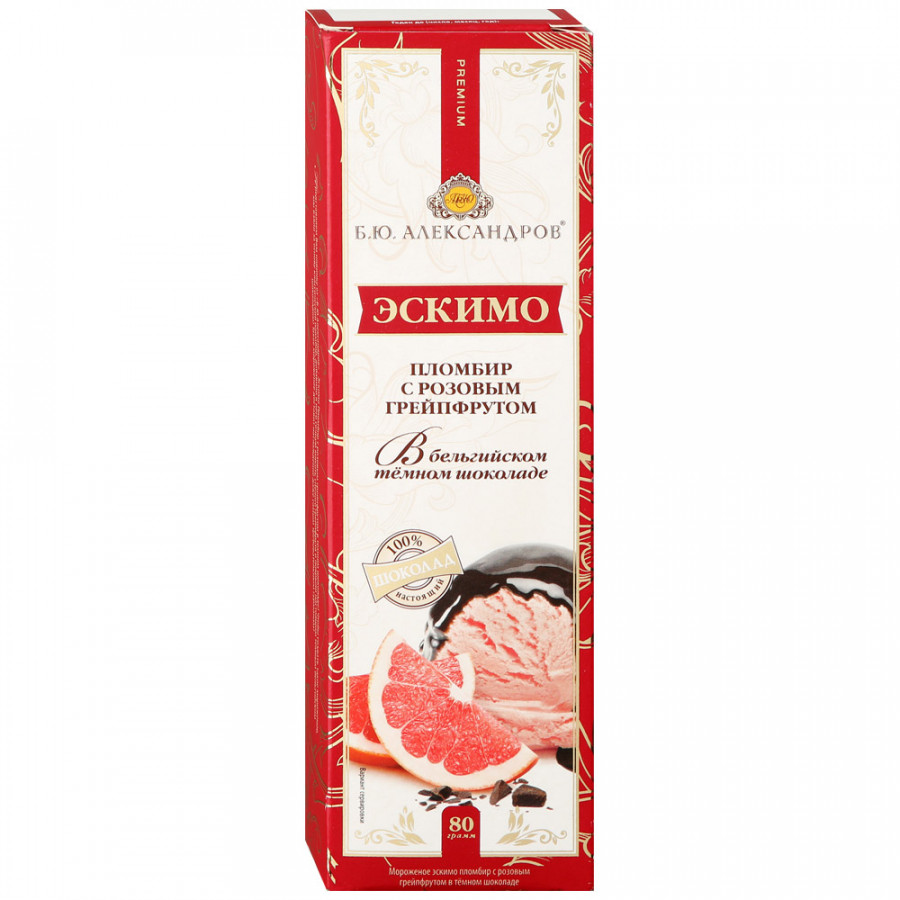 Мороженое пломбир Б.Ю. Александров с розовым грейпфрутом в темном шоколаде 15% БЗМЖ 80 г
