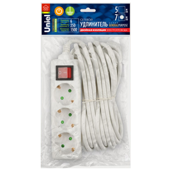 

Удлинитель Uniel General 3 Sockets 7m White S-GCP3-7B, General