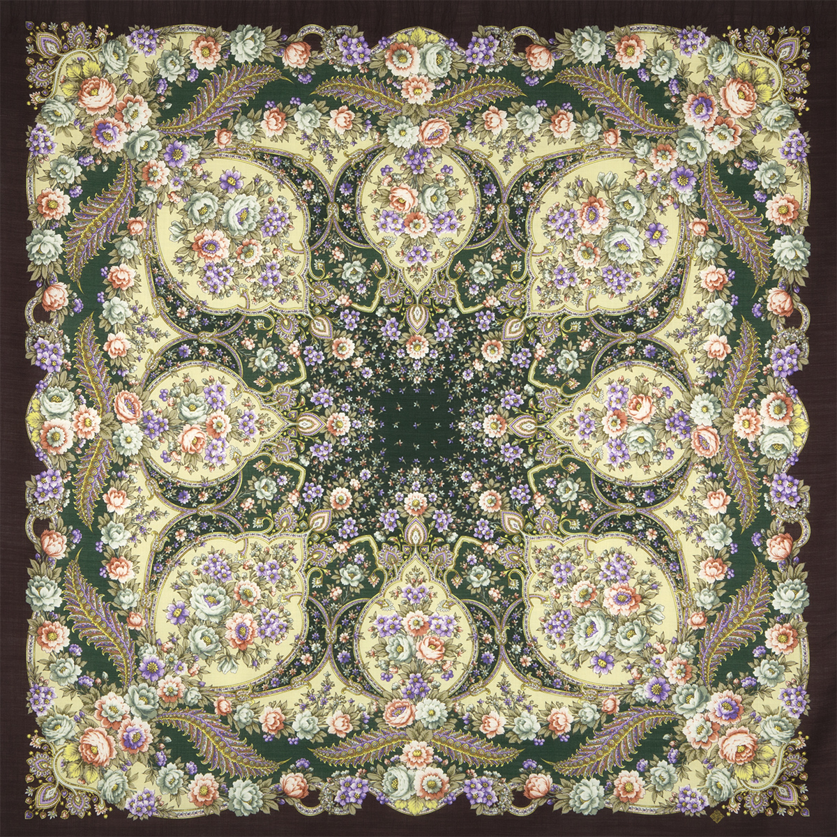 Платок женский Павловопосадская платочная мануфактура 1541 коричневый/зеленый, 146х146 см