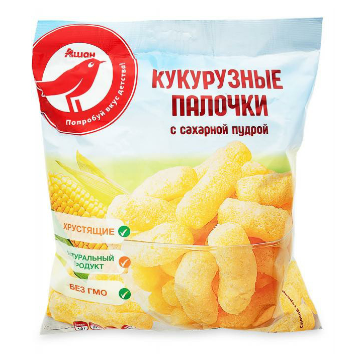 

Палочки кукурузные АШАН Красная птица с сахарной пудрой 85 г