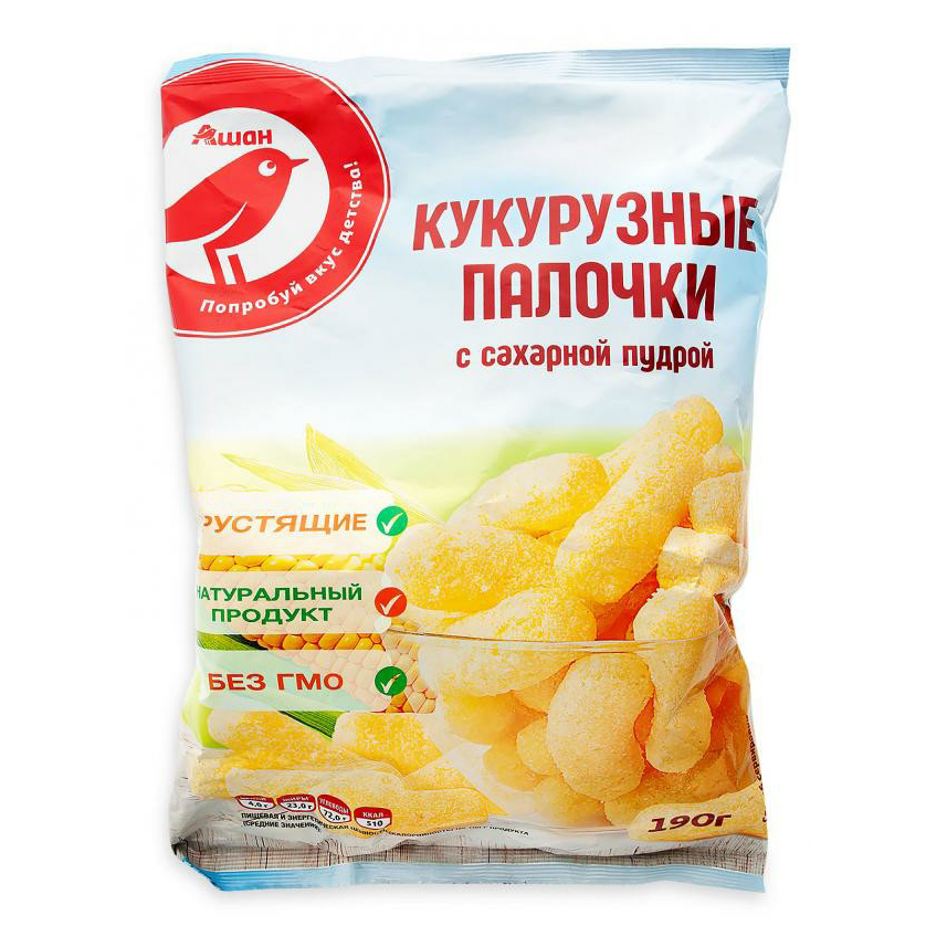 

Палочки кукурузные АШАН Красная птица с сахарной пудрой 190 г