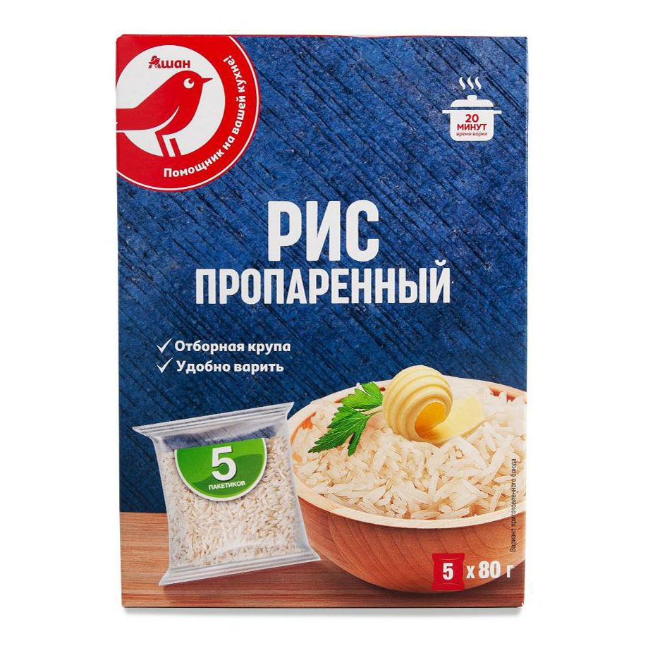 Рис АШАН Красная птица пропаренный для варки в пакетиках 80 г х 5 шт