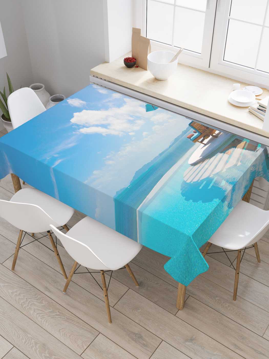 

Скатерть прямоугольная JoyArty "Остров загара" из сатена, 120x145 см, Голубой, Остров загара