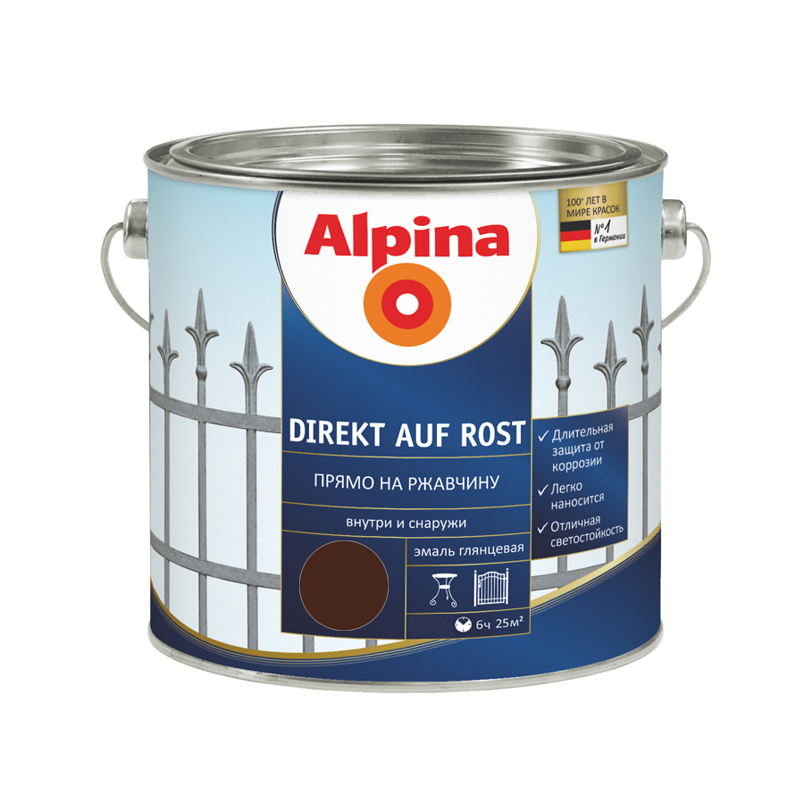 

Эмаль по металлу Alpina Direkt Auf Rost прямо на ржавчину Темно-коричневый 0,75 л
