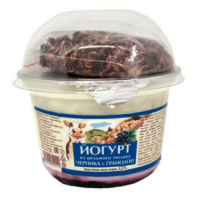 

Йогурт Сибирские продукты черника с гранолой 3,2% БЗМЖ 230 г