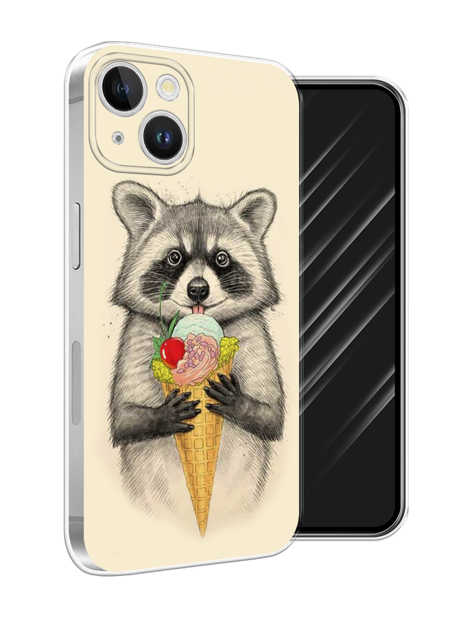 

Чехол Awog на Apple iPhone 15 Plus "Енот с мороженым", Бежевый;серый, 15650-1