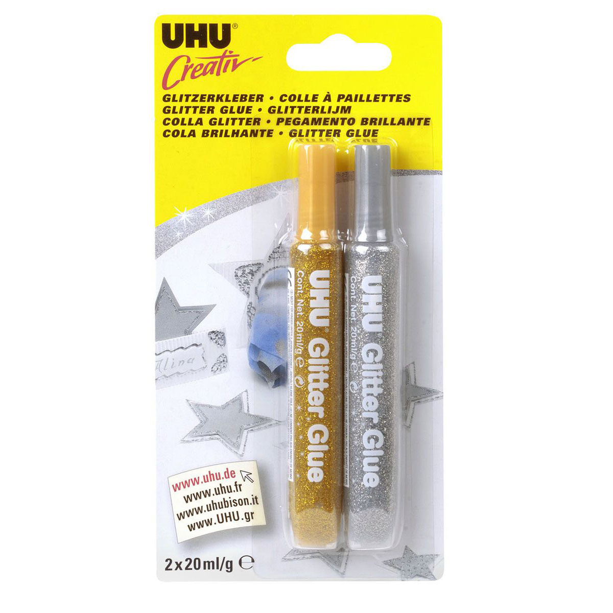 Клеящие блестки для декора UHU Creativ Glitter Glue, золото/серебро