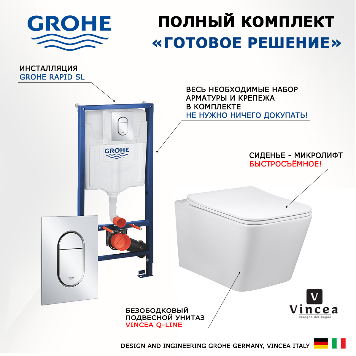 

Комплект инсталляция Grohe Solido + Унитаз Vincea Q-Line + кнопка хром