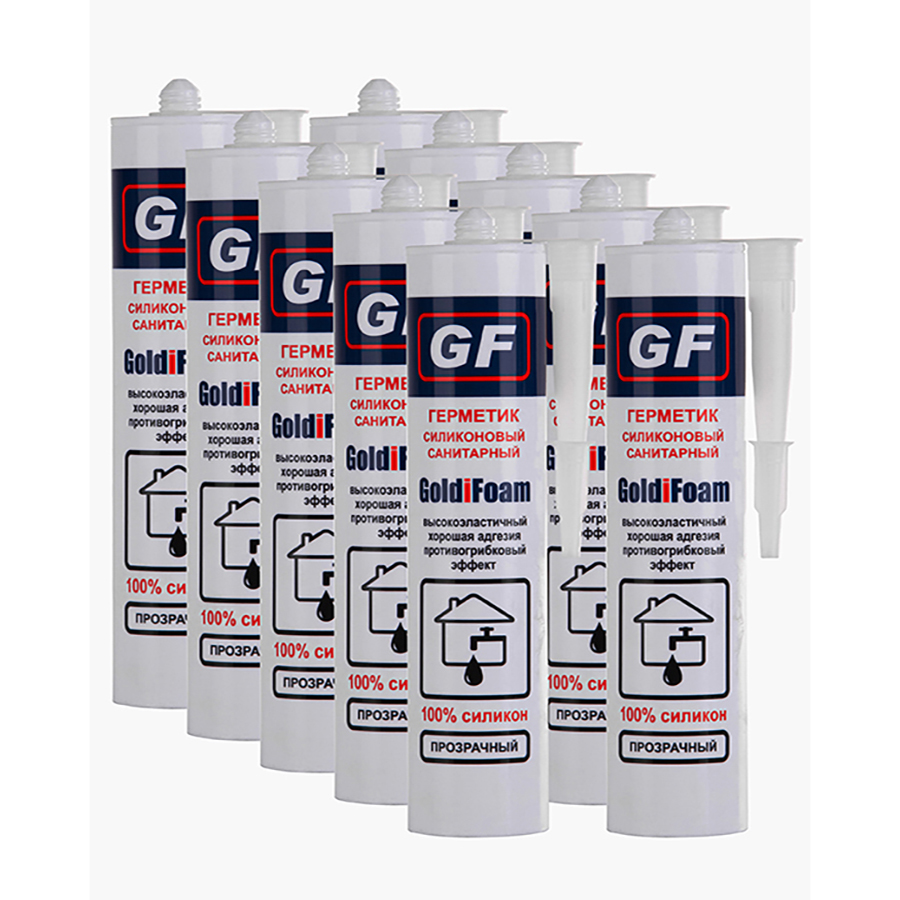 Герметик силиконовый санитарный GoldiFoam, 260 мл., с фунгицидом, прозрачный, 10 шт. силиконовый санитарный герметик globalseal