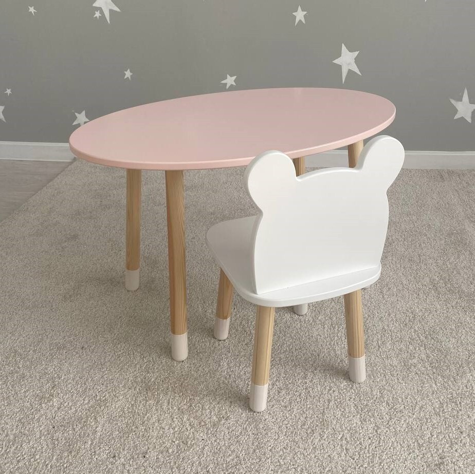 Комплект детской мебели DIMDOM kids, стол Овал розовый, стул Мишка белый