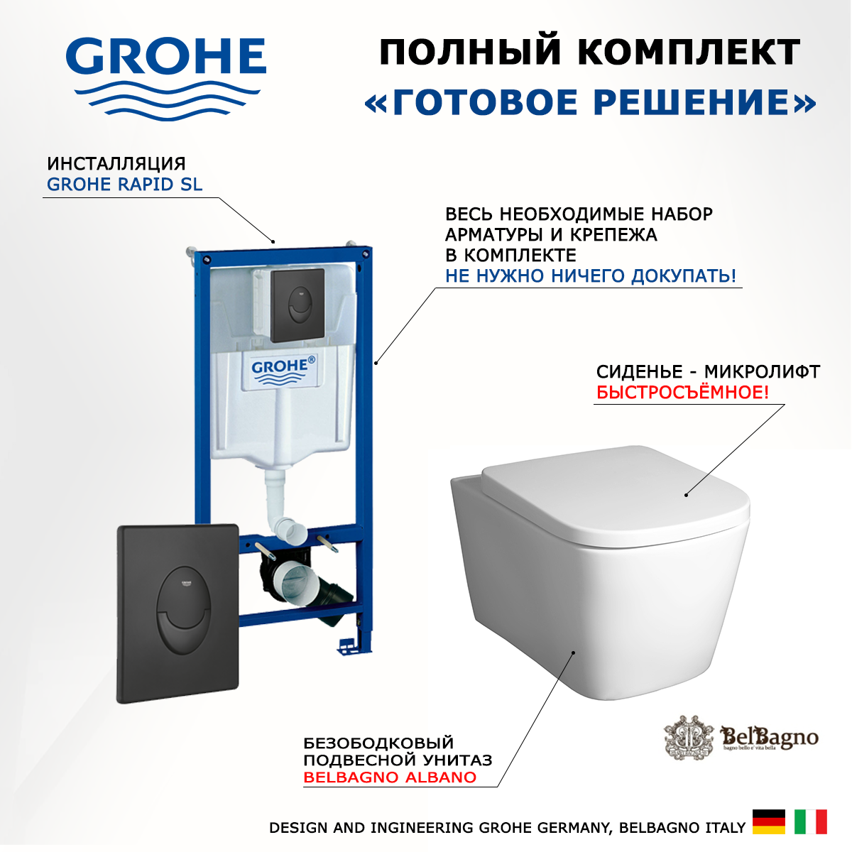 

Комплект инсталляция Grohe Rapid SL + Унитаз BelBagno Albano + кнопка черная матовая