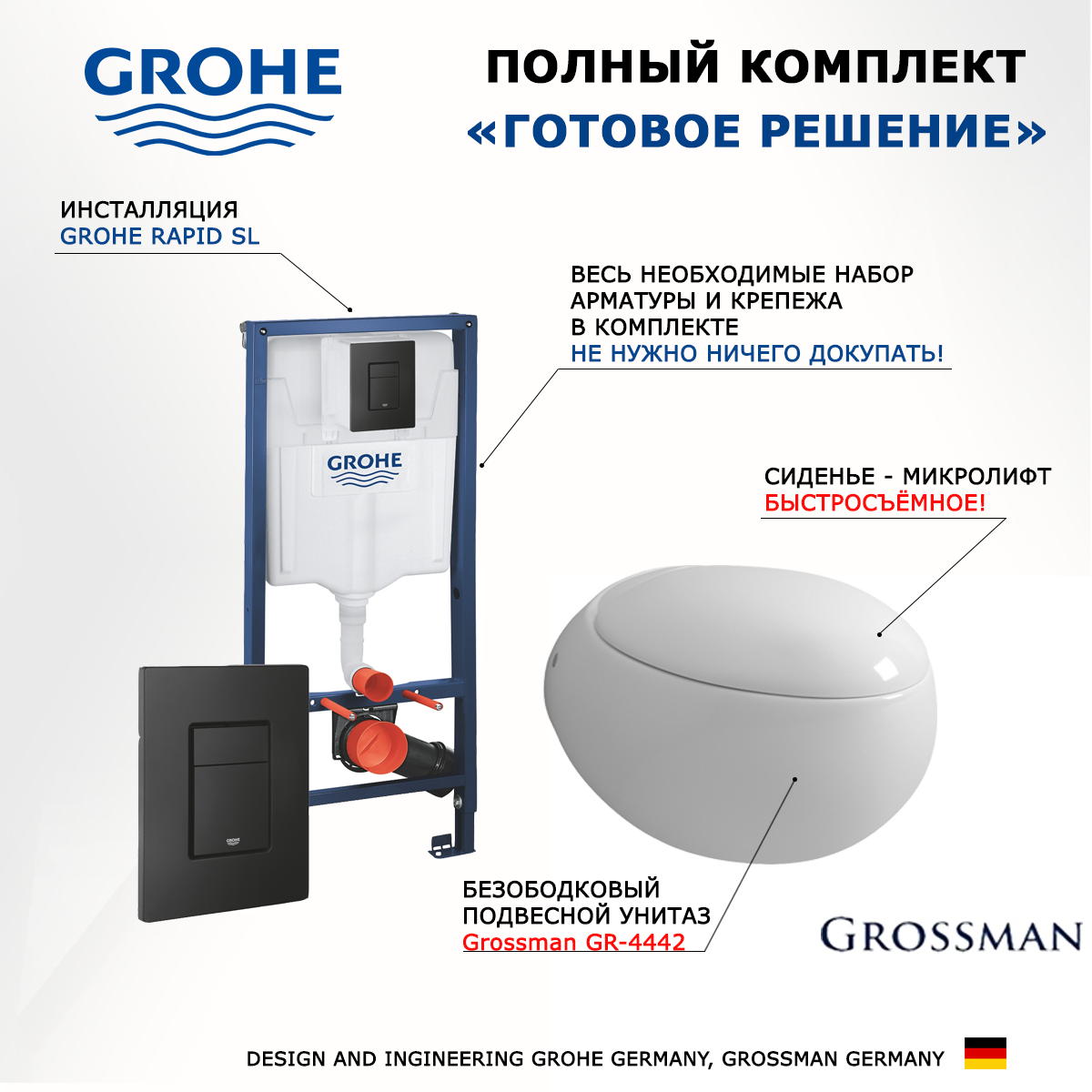 

Комплект инсталляция Grohe Rapid SL + Унитаз Grossman GR-4442 + кнопка черная