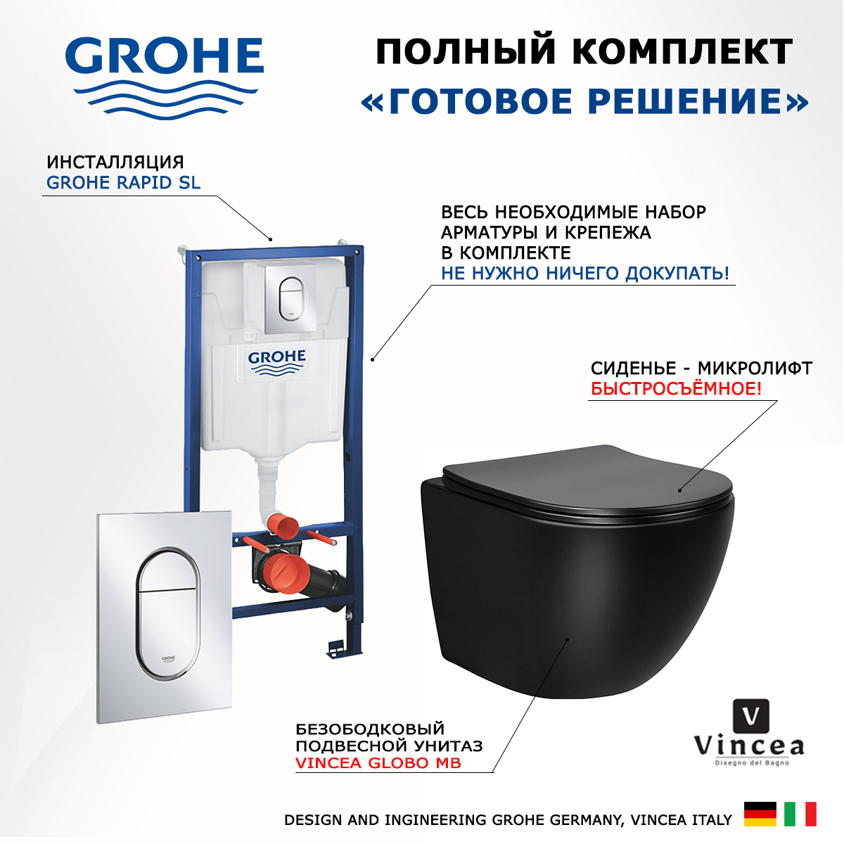

Комплект инсталляция Grohe Solido + Унитаз Vincea Globo + кнопка хром