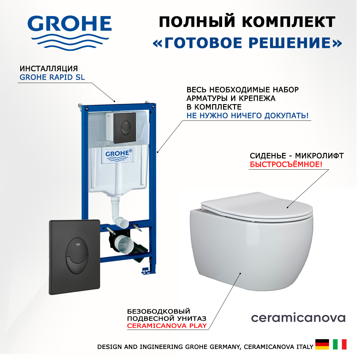 

Комплект инсталляция Grohe Rapid SL + Унитаз Ceramica Nova Play + кнопка черная матовая
