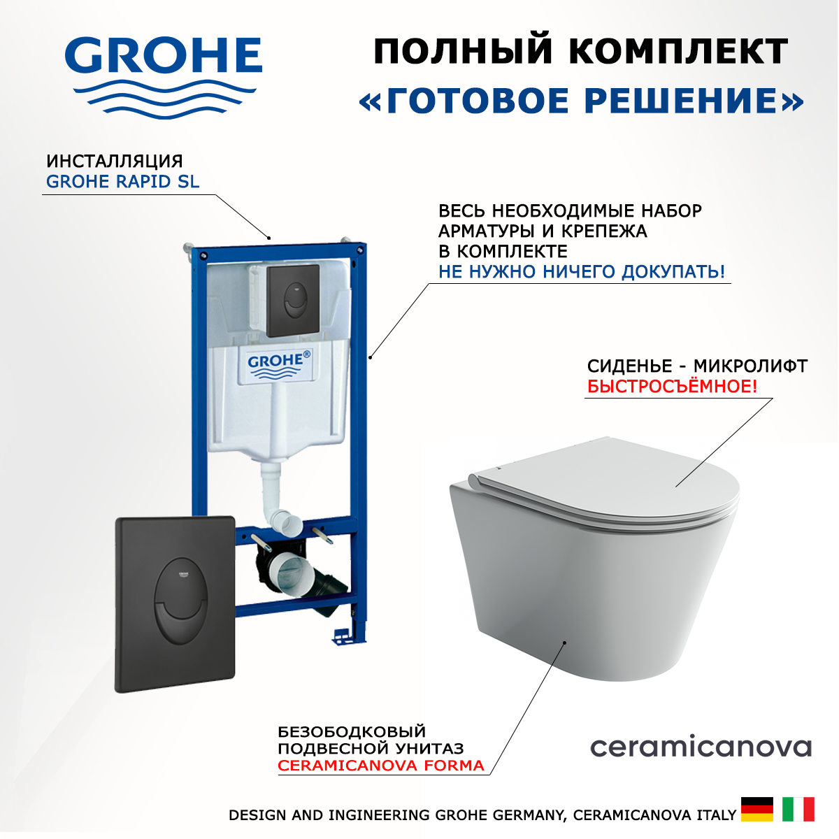 Комплект инсталляция Grohe Rapid SL + Унитаз Ceramica Nova Forma + кнопка черная матовая