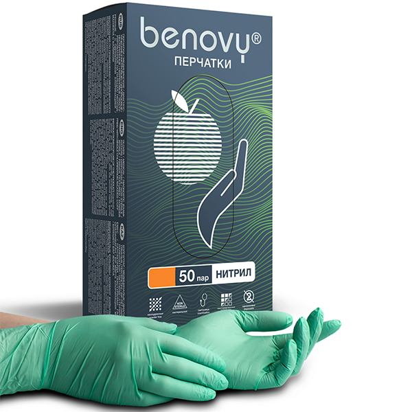 фото Перчатки benovy, нитрил, текстур. на пальцах, m, зеленые, мед., 50 пар в упак.