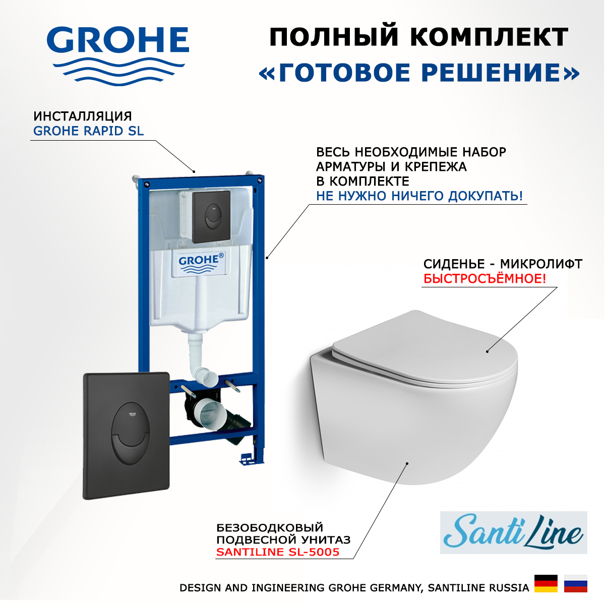 

Комплект инсталляция Grohe Rapid SL + Унитаз SantiLine + кнопка черная матовая