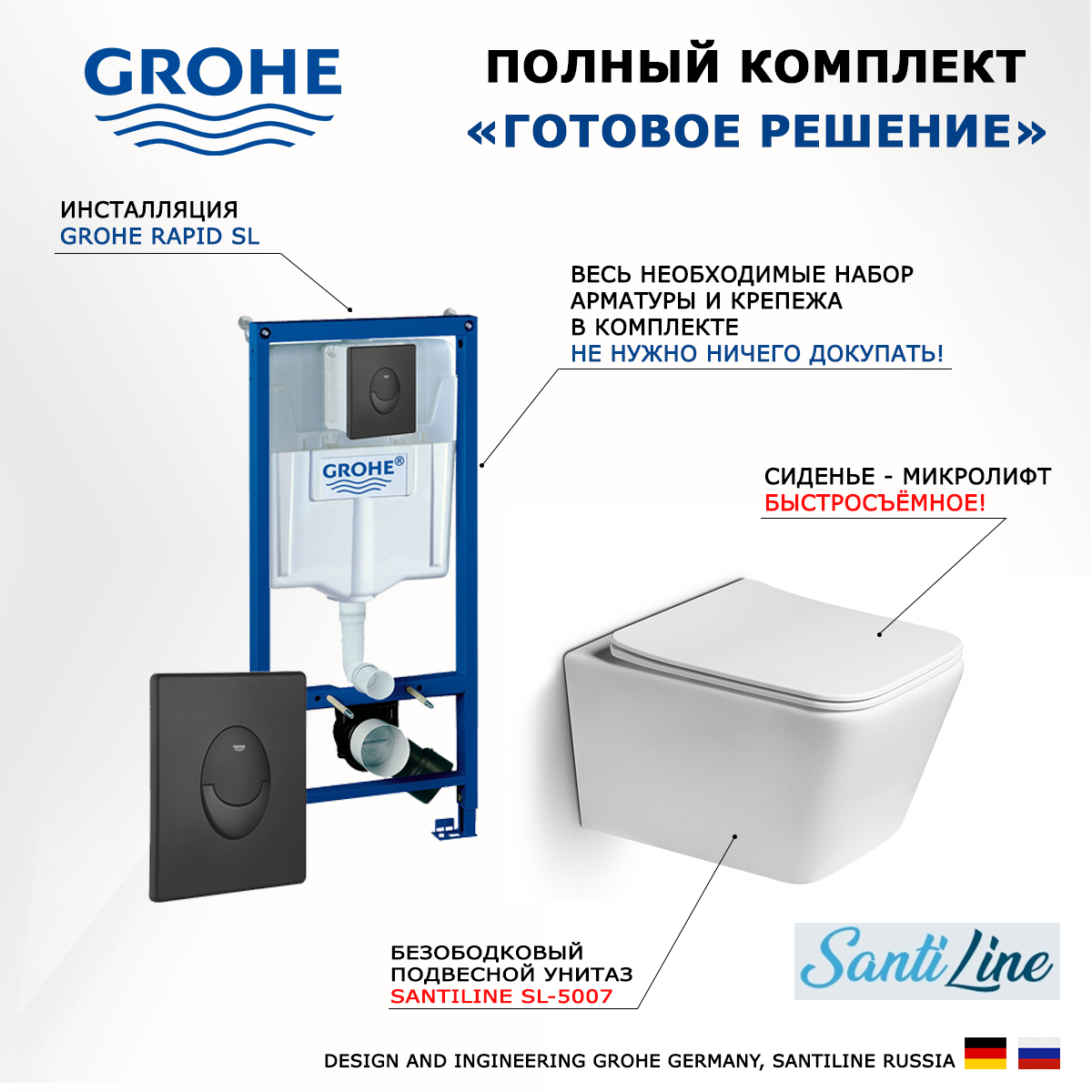 

Комплект инсталляция Grohe Rapid SL + Унитаз SantiLine + кнопка черная матовая
