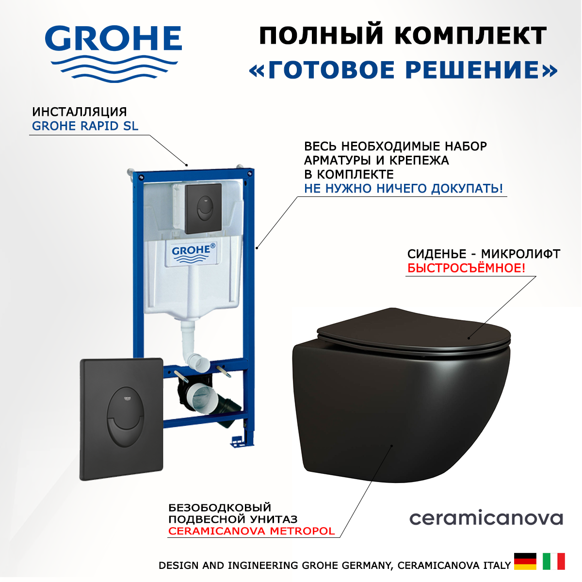 

Комплект инсталляция Grohe Rapid SL + Унитаз Ceramica Metropol + кнопка черная матовая