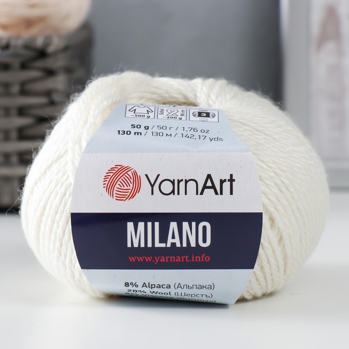 

Пряжа YarnArt Milano 8%альпака, 20%шерсть, 8%вискоза, 64%акрил 130м/50гр 852 молочный, Белый