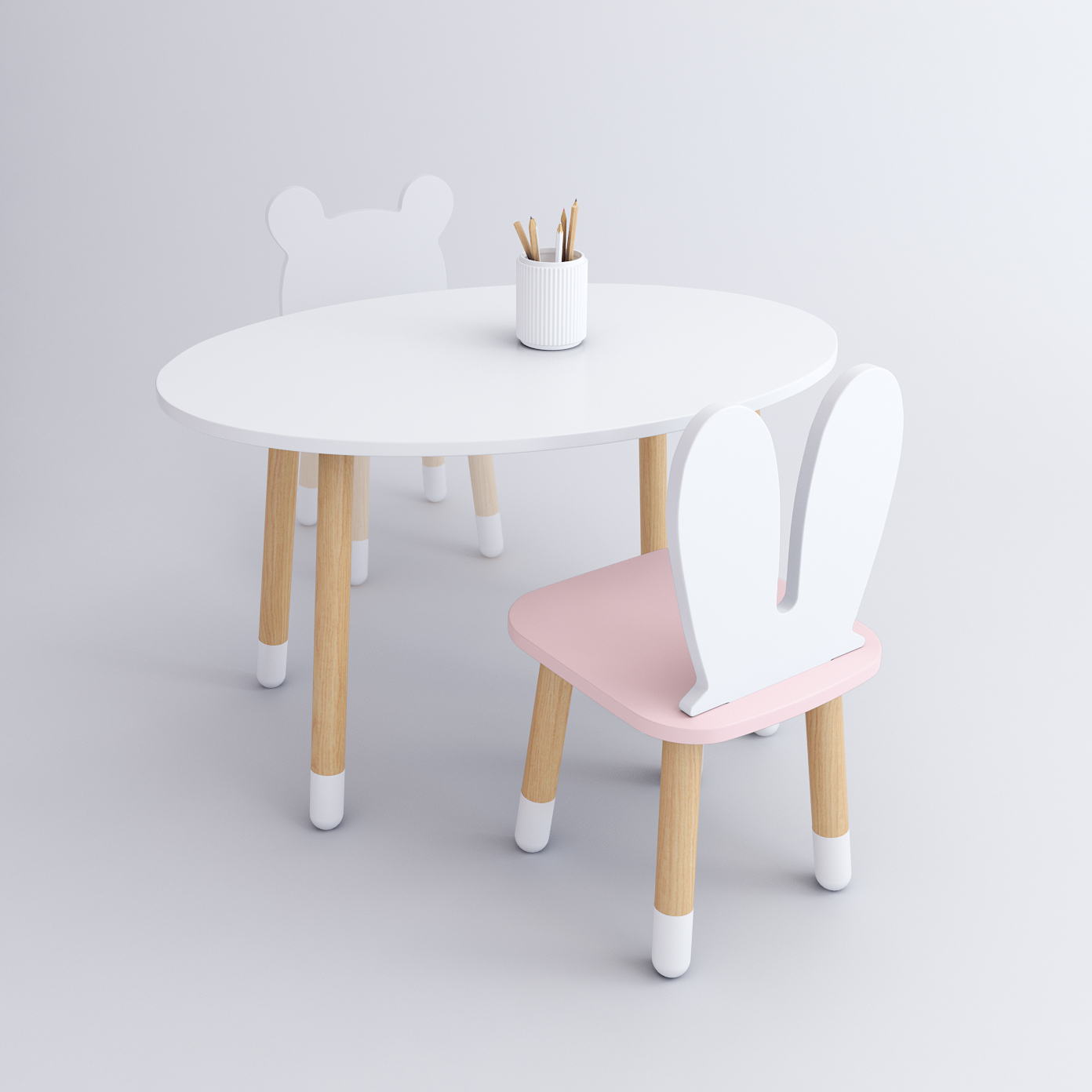Комплект детской мебели DIMDOM kids, стол Овал белый, стул Зайка розовый