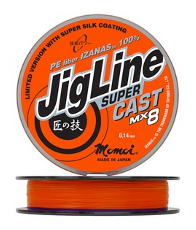 Плетеный шнур JigLine MX8 Super Cast 0.14 мм тест 11 кг длина 100 м оранжевый фиолетовый